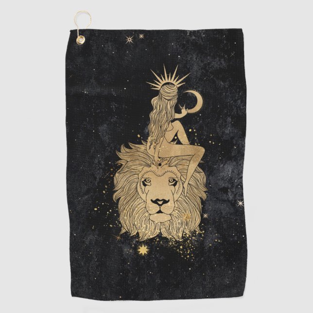 Zodiac Goddess | Cosmic Gold Leo Astrology Golf Towel (Front)