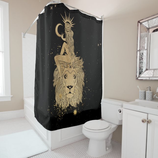 Zodiac Goddess | Cosmic Gold Leo Astrology Shower Curtain (In Situ)