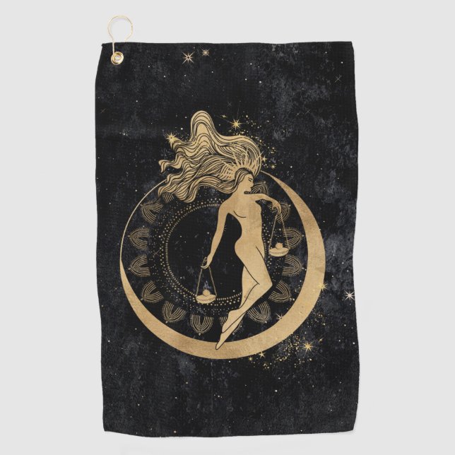 Zodiac Goddess | Cosmic Gold Libra Astrology Golf Towel (Front)