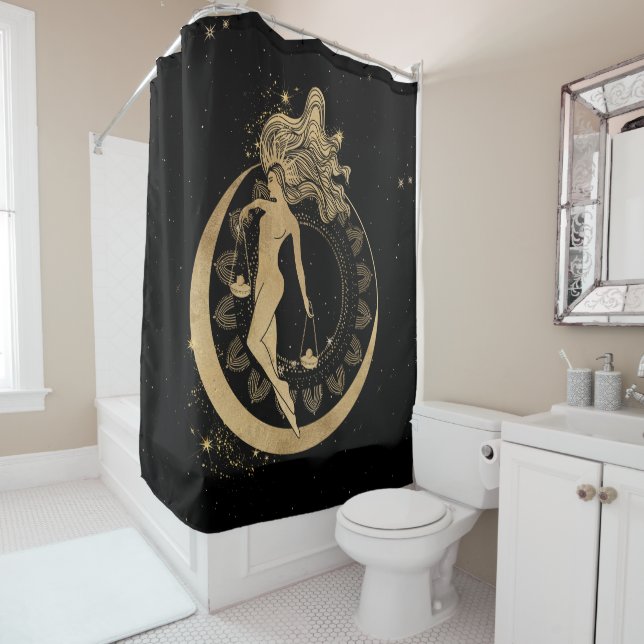 Zodiac Goddess | Cosmic Gold Libra Astrology Shower Curtain (In Situ)