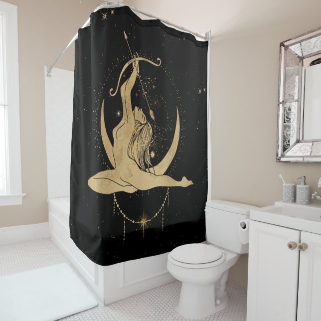 Zodiac Goddess | Cosmic Gold Sagittarius Astrology Shower Curtain (In Situ)