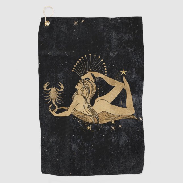 Zodiac Goddess | Cosmic Gold Scorpio Astrology Golf Towel (Front)