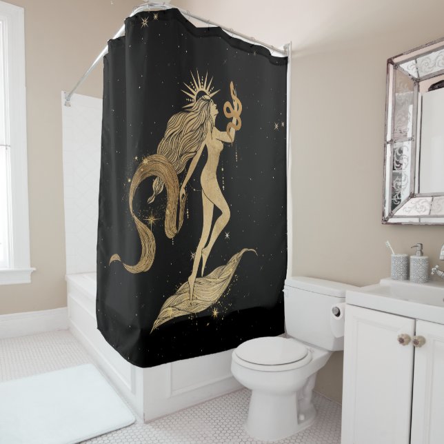 Zodiac Goddess | Cosmic Gold Virgo Astrology Shower Curtain (In Situ)