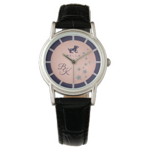 Zodiac Leo Elegant Rosé Pink Dark Blue Monogrammed Watch