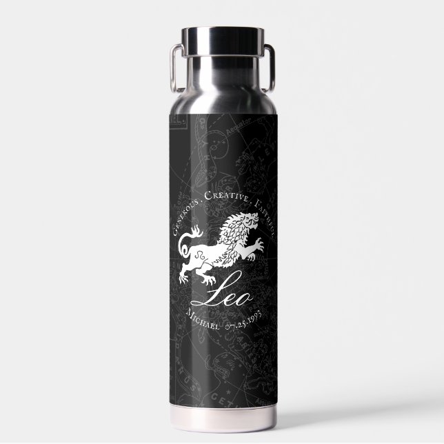 Zodiac Leo Lion Sign Astrology Personality Black Water Bottle (Front)