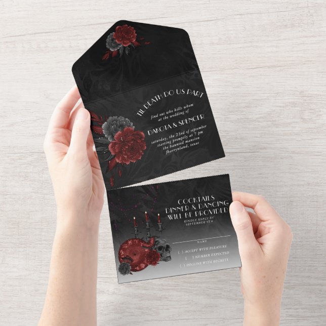 Zodiac Magic Crimson | Henna Red Gothic Skull Rose All In One Invitation (Tearaway)