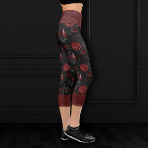Zodiac Magic Crimson   Henna Red Gothic Skull Rose Capri Leggings