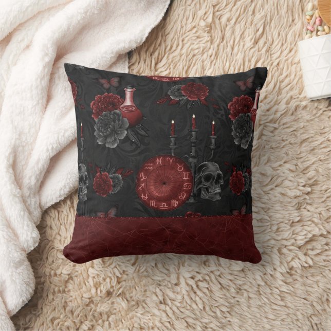Zodiac Magic Crimson | Henna Red Gothic Skull Rose Cushion (Blanket)
