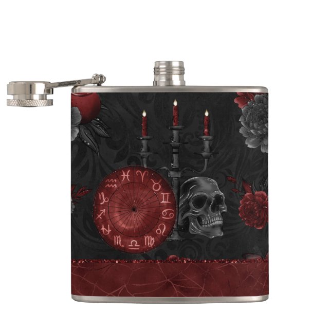Zodiac Magic Crimson | Henna Red Gothic Skull Rose Hip Flask (Opened)