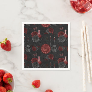 Zodiac Magic Crimson Henna Red Gothic Skull Rose Napkin