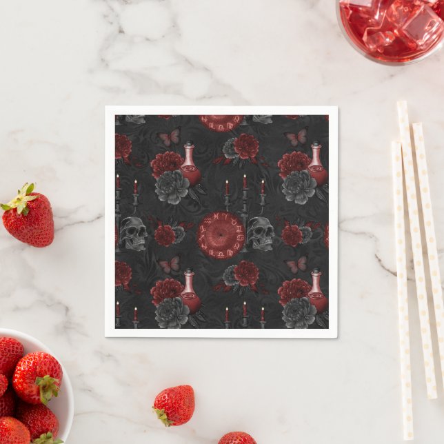 Zodiac Magic Crimson | Henna Red Gothic Skull Rose Napkin (Insitu)