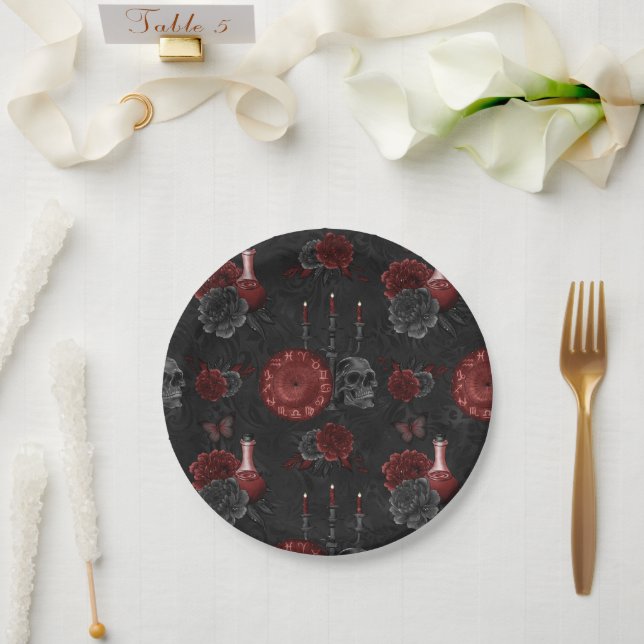 Zodiac Magic Crimson | Henna Red Gothic Skull Rose Paper Plate (Wedding)