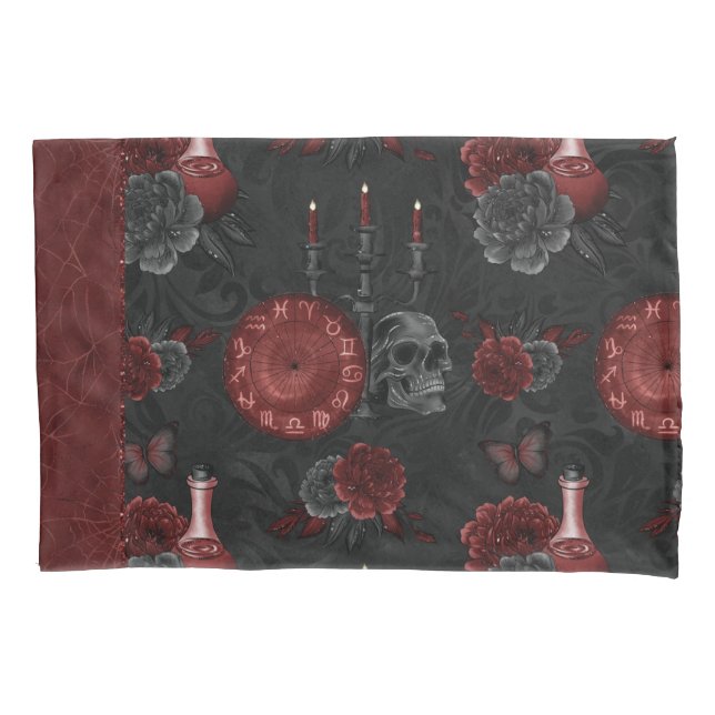 Zodiac Magic Crimson | Henna Red Gothic Skull Rose Pillowcase (Front)