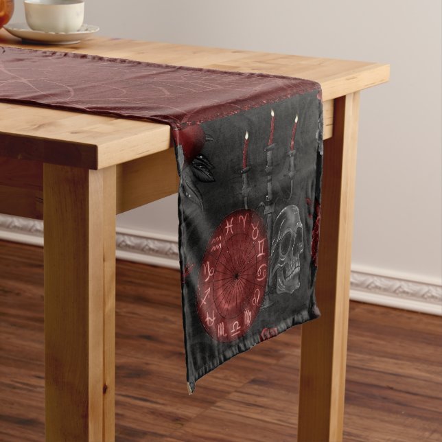 Zodiac Magic Crimson | Henna Red Gothic Skull Rose Short Table Runner (In Situ)