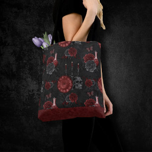 Zodiac Magic Crimson Henna Red Gothic Skull Rose Tote Bag