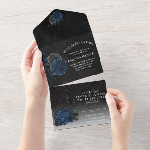Zodiac Magic   Dark Navy Blue Gothic Skull Roses All In One Invitation