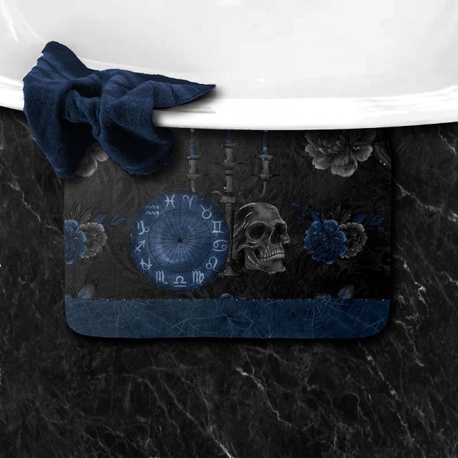Zodiac Magic | Dark Navy Blue Gothic Skull Roses Bath Mat (Creator Uploaded)