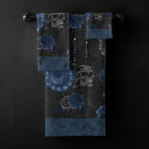 Zodiac Magic   Dark Navy Blue Gothic Skull Roses Bath Towel Set