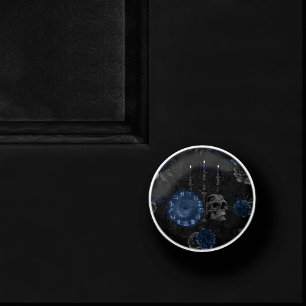 Zodiac Magic   Dark Navy Blue Gothic Skull Roses Ceramic Knob