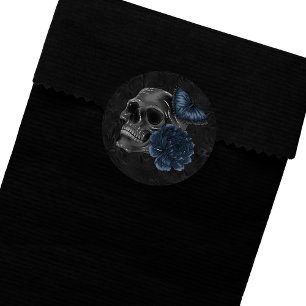 Zodiac Magic Dark Navy Blue Gothic Skull Roses Classic Round Sticker
