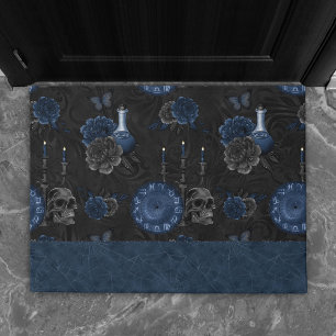Zodiac Magic Dark Navy Blue Gothic Skull Roses Doormat