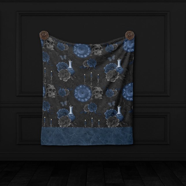 Zodiac Magic | Dark Navy Blue Gothic Skull Roses Fleece Blanket (Creator Uploaded)