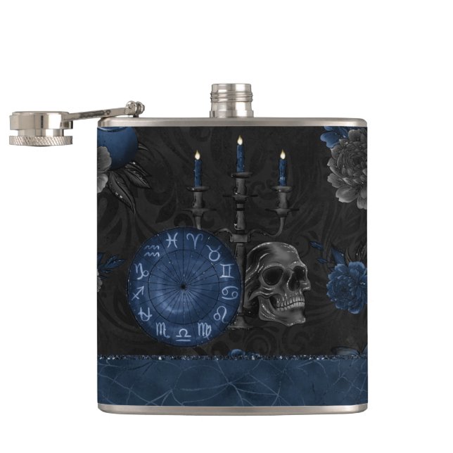 Zodiac Magic | Dark Navy Blue Gothic Skull Roses Hip Flask (Opened)