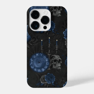 Zodiac Magic   Dark Navy Blue Gothic Skull Roses iPhone 14 Pro Case