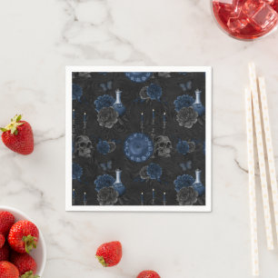 Zodiac Magic   Dark Navy Blue Gothic Skull Roses Napkin