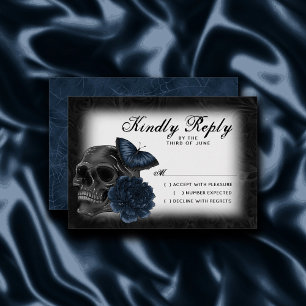 Zodiac Magic   Dark Navy Blue Gothic Skull Roses RSVP Card