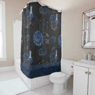 Zodiac Magic   Dark Navy Blue Gothic Skull Roses Shower Curtain