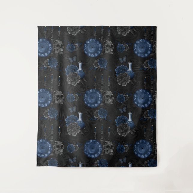 Zodiac Magic | Dark Navy Blue Gothic Skull Roses Tapestry (Front)
