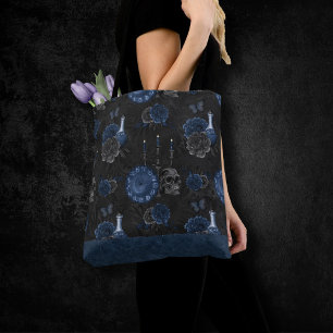 Zodiac Magic   Dark Navy Blue Gothic Skull Roses Tote Bag