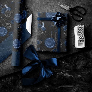 Zodiac Magic   Dark Navy Blue Gothic Skull Roses Wrapping Paper
