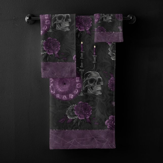 Zodiac Magic | Dark Purple Plum Gothic Skull Roses Bath Towel Set (Creator Uploaded)