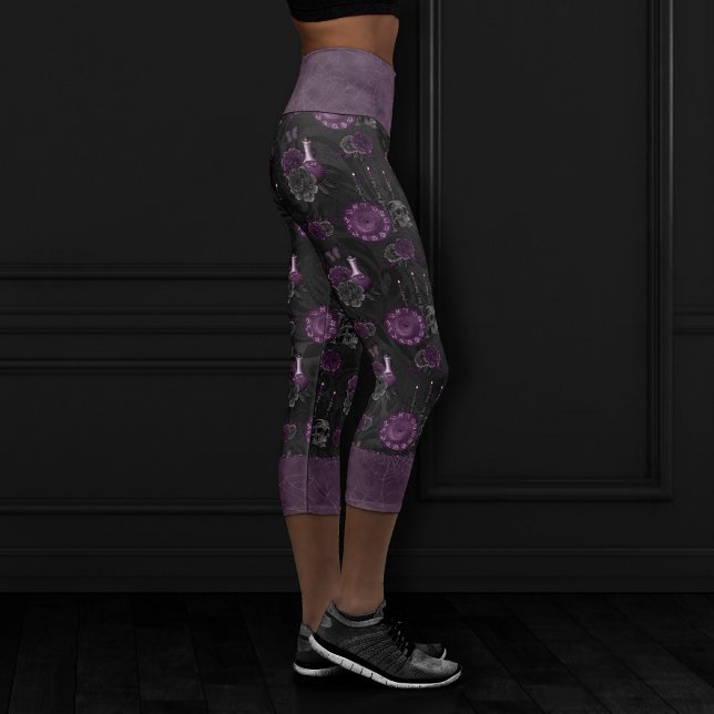 Zodiac Magic | Dark Purple Plum Gothic Skull Roses Capri Leggings (Creator Uploaded)