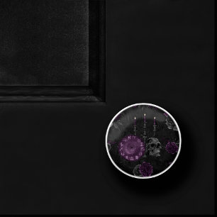Zodiac Magic   Dark Purple Plum Gothic Skull Roses Ceramic Knob