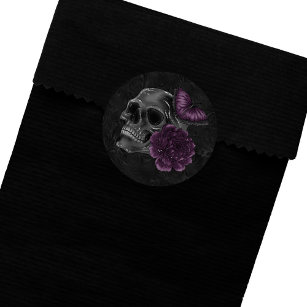 Zodiac Magic   Dark Purple Plum Gothic Skull Roses Classic Round Sticker