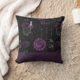 Zodiac Magic   Dark Purple Plum Gothic Skull Roses Cushion