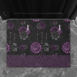 Zodiac Magic   Dark Purple Plum Gothic Skull Roses Doormat