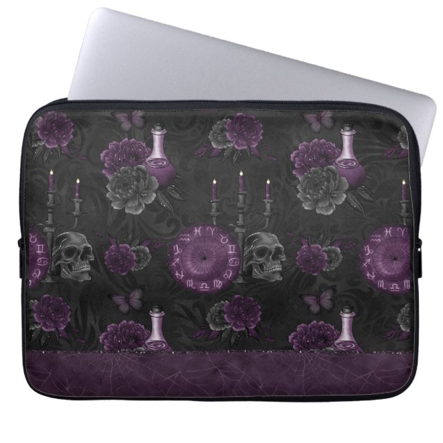 Zodiac Magic | Dark Purple Plum Gothic Skull Roses Laptop Sleeve (Front)