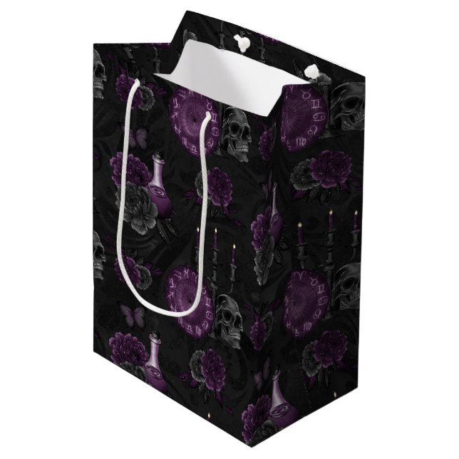 Zodiac Magic | Dark Purple Plum Gothic Skull Roses Medium Gift Bag (Front Angled)
