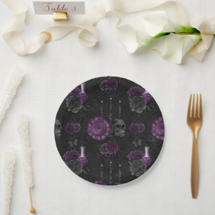 Zodiac Magic   Dark Purple Plum Gothic Skull Roses Paper Plate