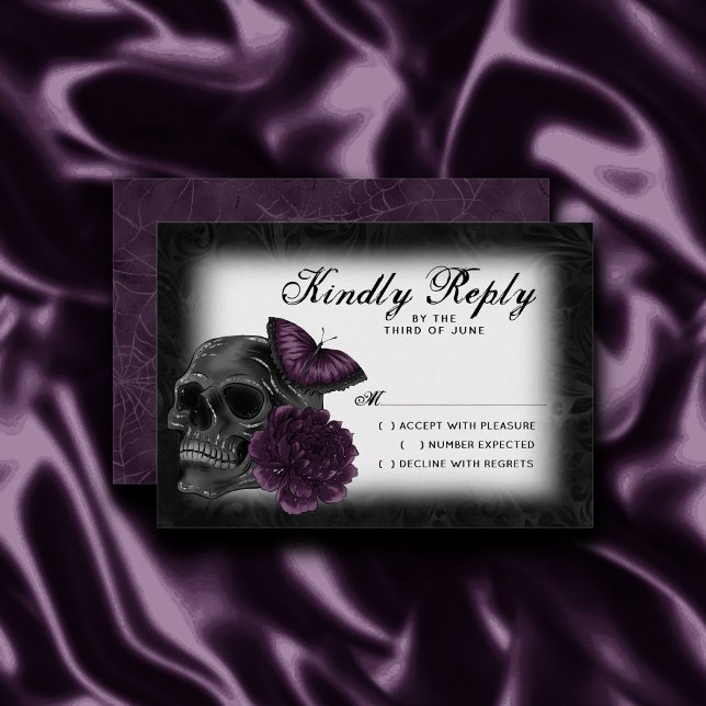 Zodiac Magic | Dark Purple Plum Gothic Skull Roses RSVP Card (Creator Uploaded)
