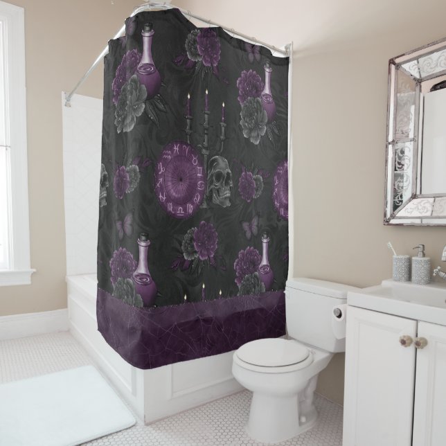 Zodiac Magic | Dark Purple Plum Gothic Skull Roses Shower Curtain (In Situ)