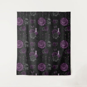 Zodiac Magic Dark Purple Plum Gothic Skull Roses Tapestry