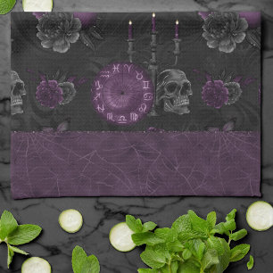 Zodiac Magic   Dark Purple Plum Gothic Skull Roses Tea Towel