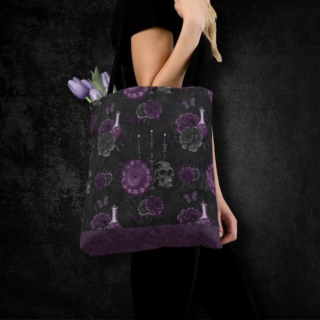 Zodiac Magic | Dark Purple Plum Gothic Skull Roses Tote Bag (Creator Uploaded)