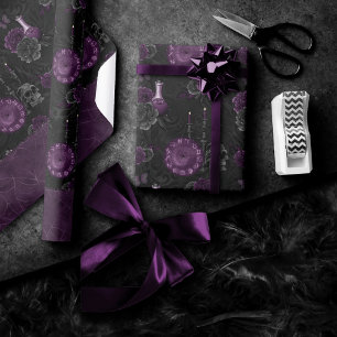 Zodiac Magic   Dark Purple Plum Gothic Skull Roses Wrapping Paper