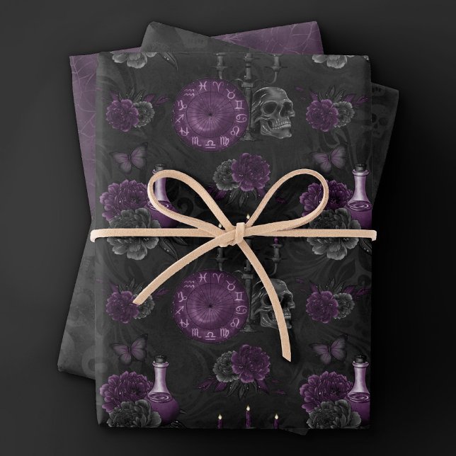 Zodiac Magic | Dark Purple Plum Gothic Skull Roses Wrapping Paper Sheet (Creator Uploaded)